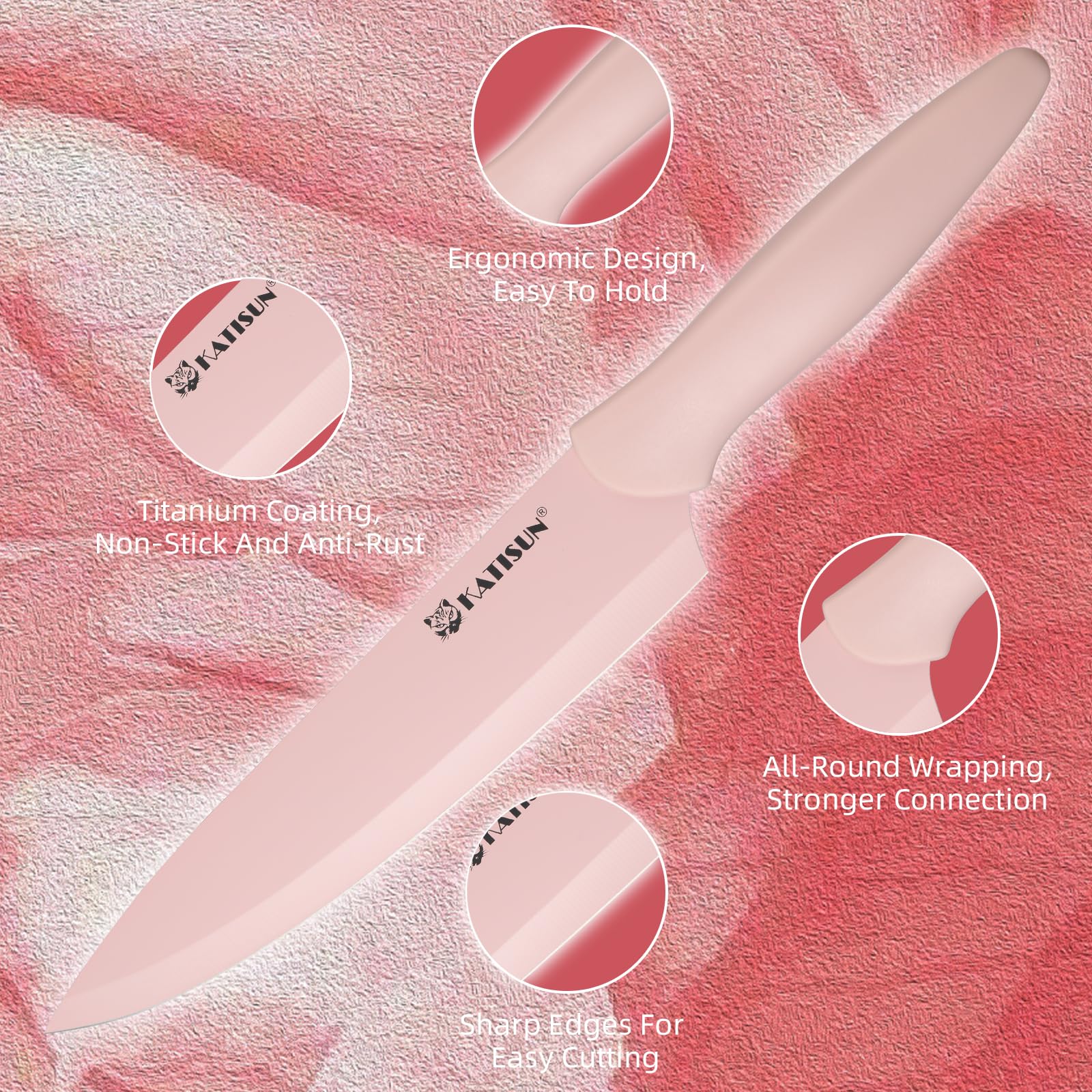 Kitchen Knife Set With Guards, 13 Piece Pink Non-Stick Boxed Knives Set, Anti-Rust And Dishwasher Safe, 6 Knives With 6 Blade Covers And Kitchen Shears 6