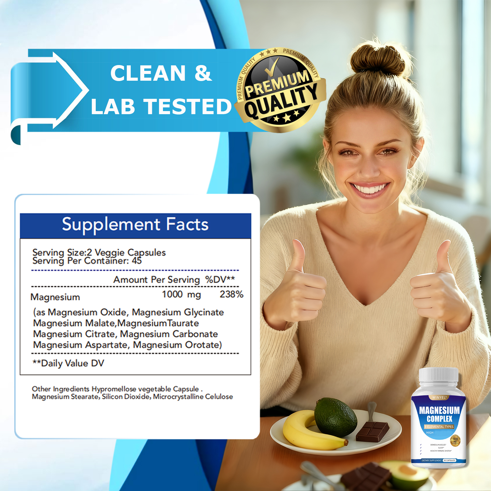 MAGNESIUM COMPLEX Wellness Capsules With Malate & Glycinate And 8 ELEMENTAL MAGNESIUM, Supports Health 90 Capsules, Dietary Supplement.