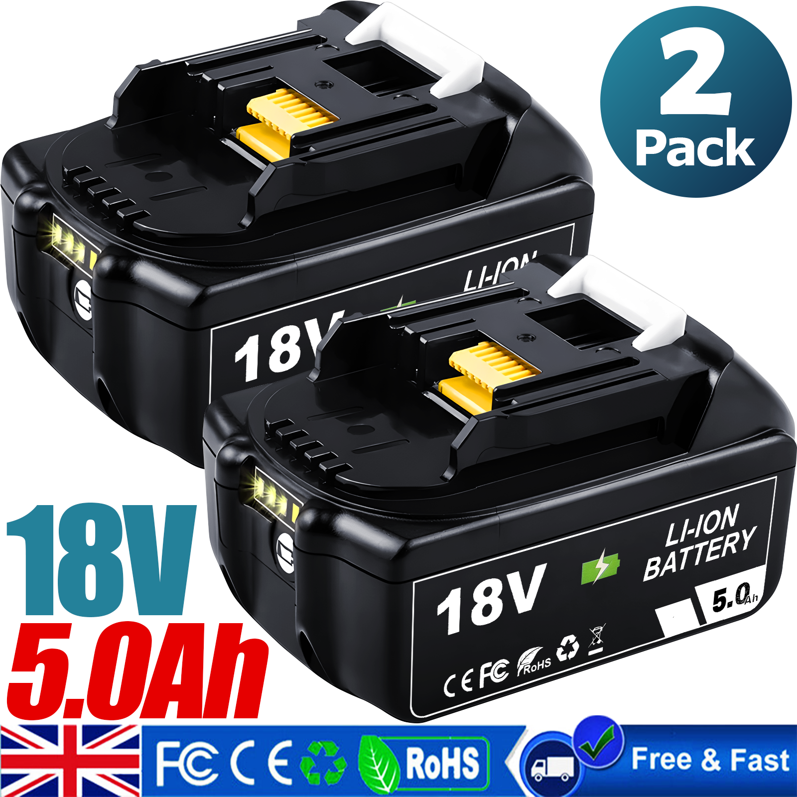 2 Pack For  18V Battery 5.0Ah Li-Ion BL1830 BL1850 BL1860 BL1840 LXT LED