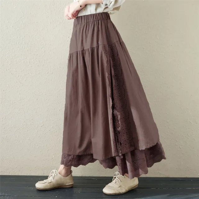 Half length Skirt Heavy Duty Sen Women's Embroidered Elastic Waist Mid Length Coffee - Shop at LoveMi
