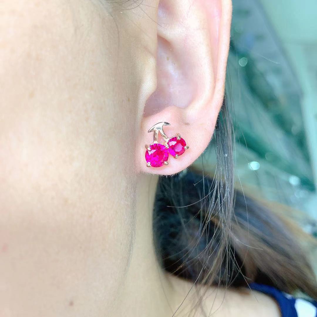 Title 2, Red Corundum Small Cherry 925 Silver Stud Earri...