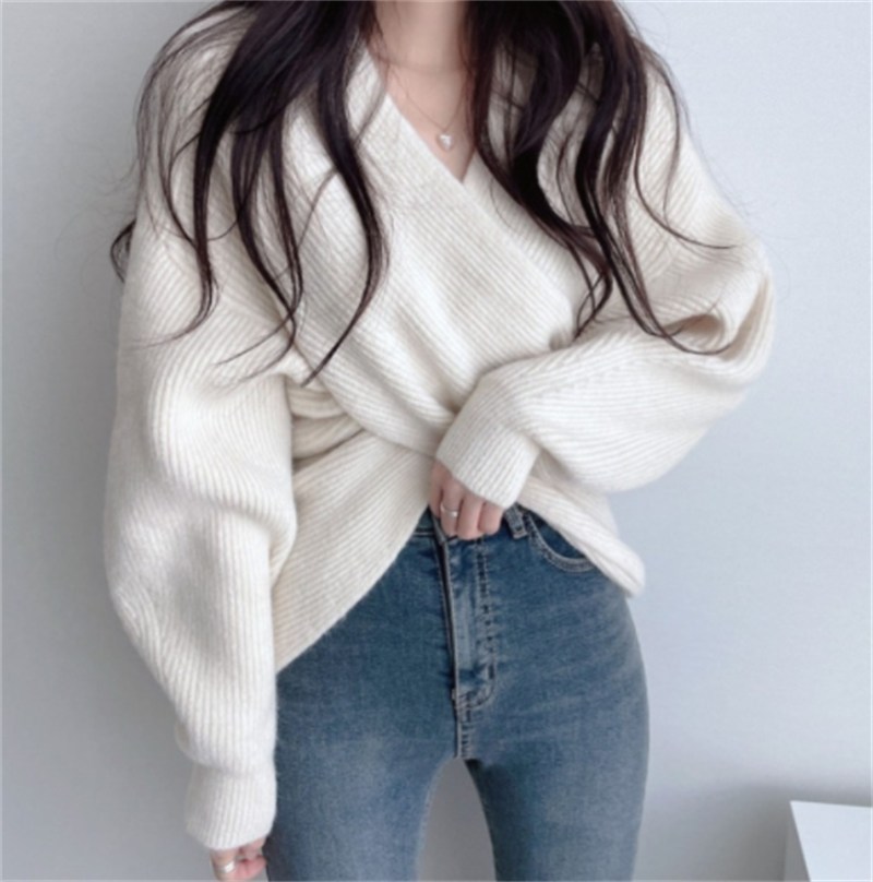 Elegant Cross V-Neck Pullover Loose Long Sleeve Ladies Sweater