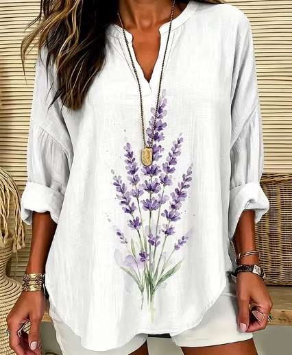 Vintage Lavender Print Casual V-neck Blouse
