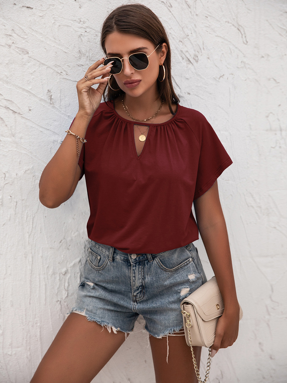 Title 6, Cutout Short Sleeve T-Shirt Crew Neck Loose Kni...