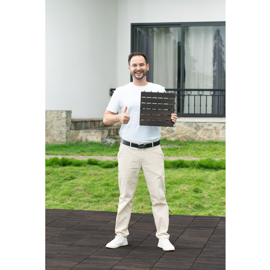 30 PCS Interlocking Deck Tiles Striped Pattern, 12inch X 12inch Dark Brown Square Acacia Hardwood Outdoor Flooring For Patio, Bancony, Pool Side