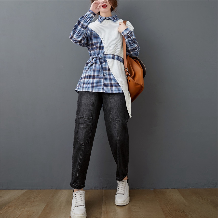 Two-piece Suit Of Plaid Shirt  Irregular Sweater Shawl
