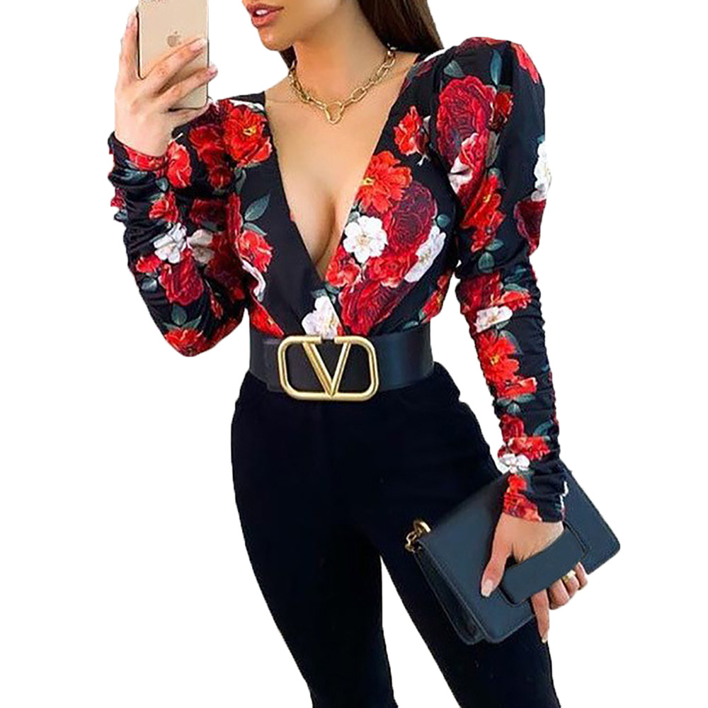 Title 4, Sexy V-neck Printed Bottoming Shirt Slim Long-s...