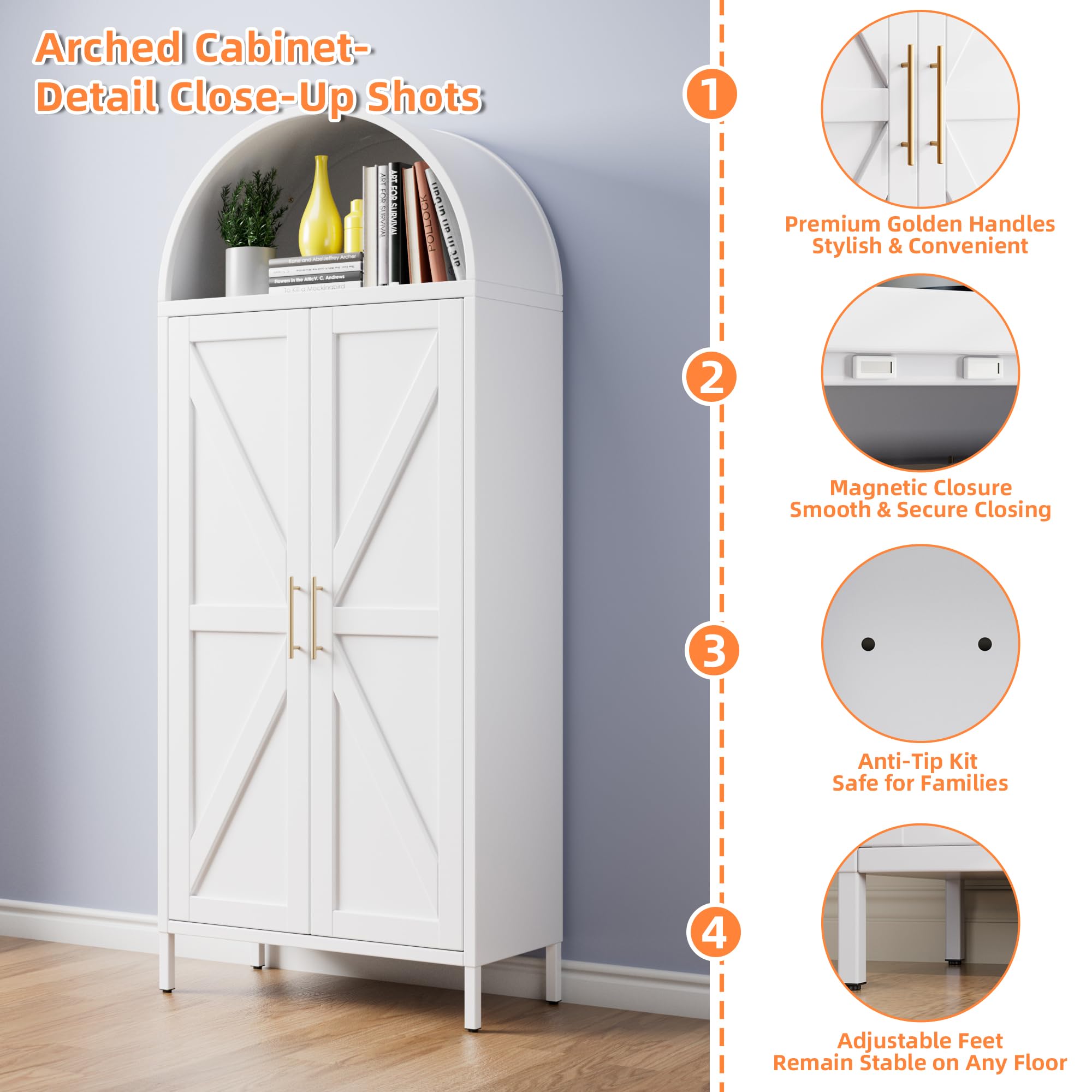 Metal Arched Pantry Cabinet With 3 Adjustable Shelves, White Arched Cabinet With 2 Doors For Kitchen Living Room Bedroom,Required Assembly