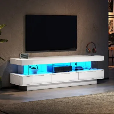 TV Stand Cabinet High Gloss TV Stand Unit With LED Lights 160CM, 3 Drawers, 3 Open Storage Space, For Bedroom Living Room Home Furniture