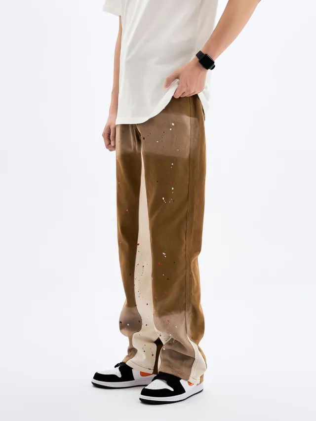 Wash Water Splicing Straight Cowboy Pants Coffee - Shop at LoveMi