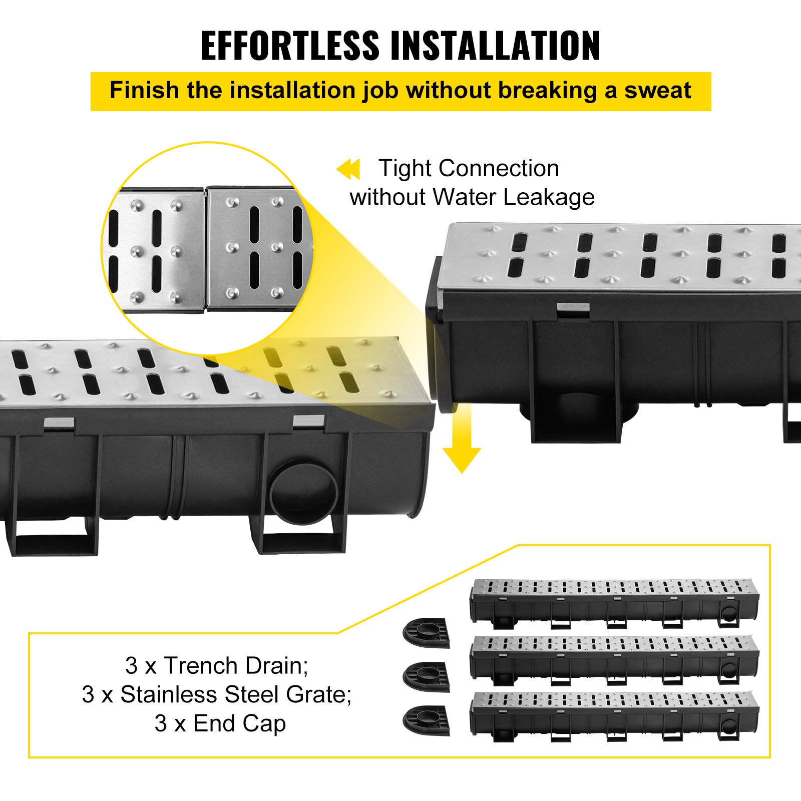 VEVOR Trench Drain System, Channel Drain With Metal Grate, 5.9x5.1-Inch HDPE Drainage Trench, Black Plastic Garage Floor Drain, 3x39 Trench Drain Grate, With 3 End Caps, For Garden, Driveway-3 Pack image 2