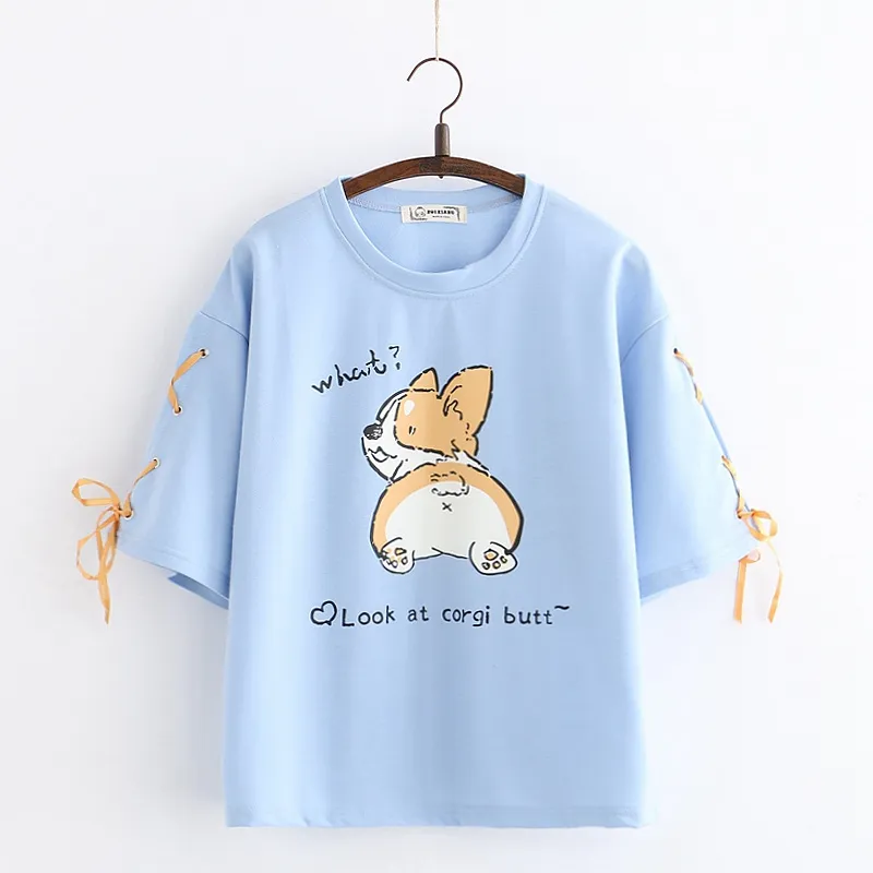 Fashion Cartoon Animal Print Short Sleeve - Blue