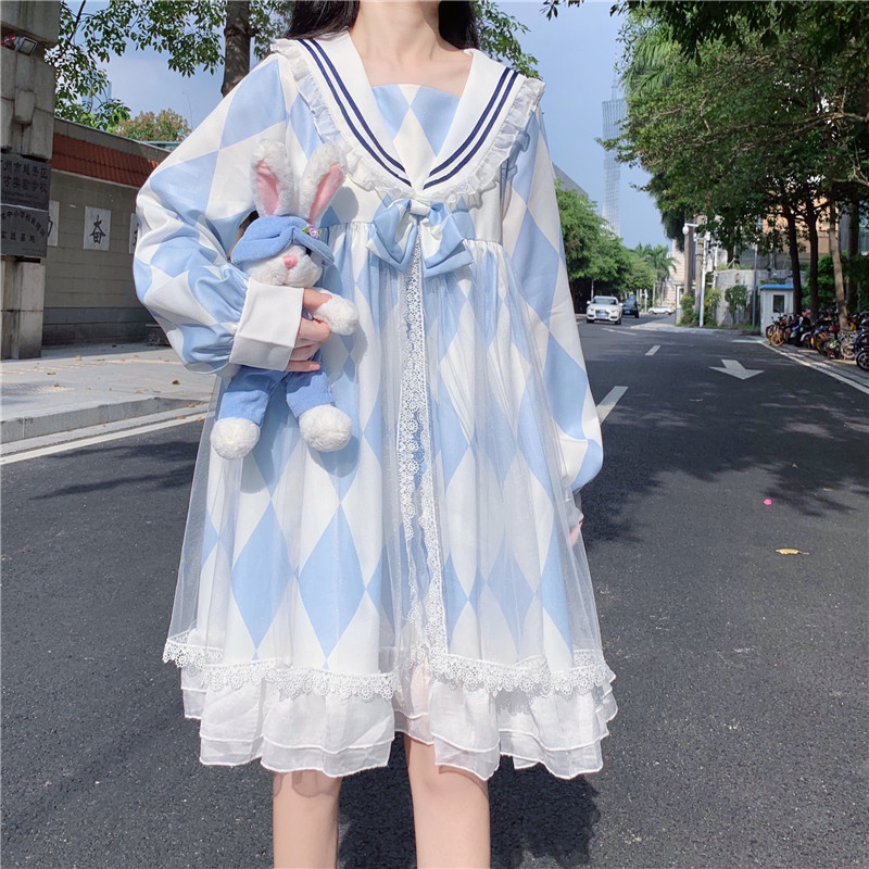 College Navy Collar Diamond Plaid Love Lolita Dress