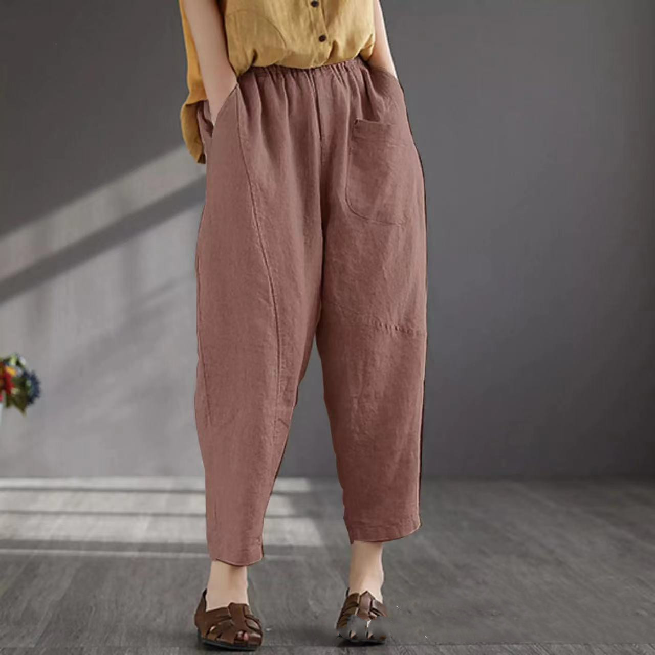 High Waist Cotton And Linen Cropped Trousers Harlan Plus Size Casual Pants Women Pink - Shop at LoveMi