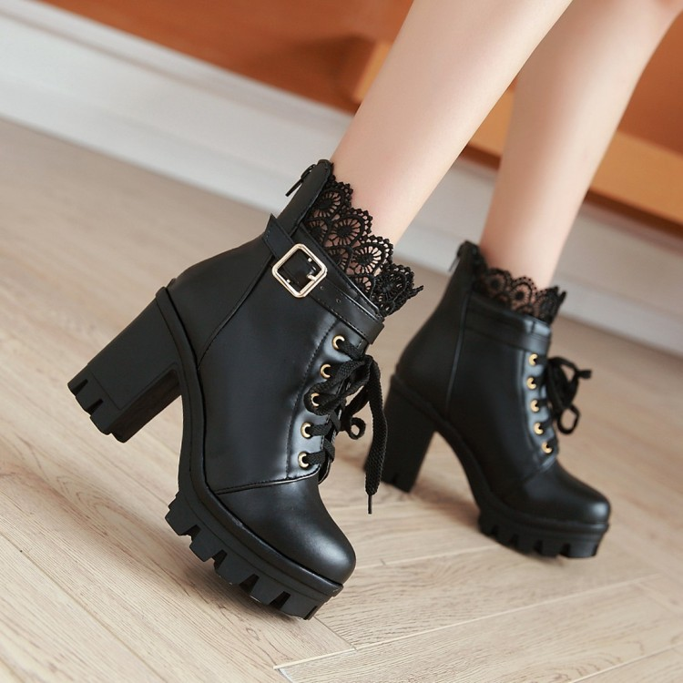 Title 11, Lace Ankle Boots Lace-up Square Heeled Shoes Wo...