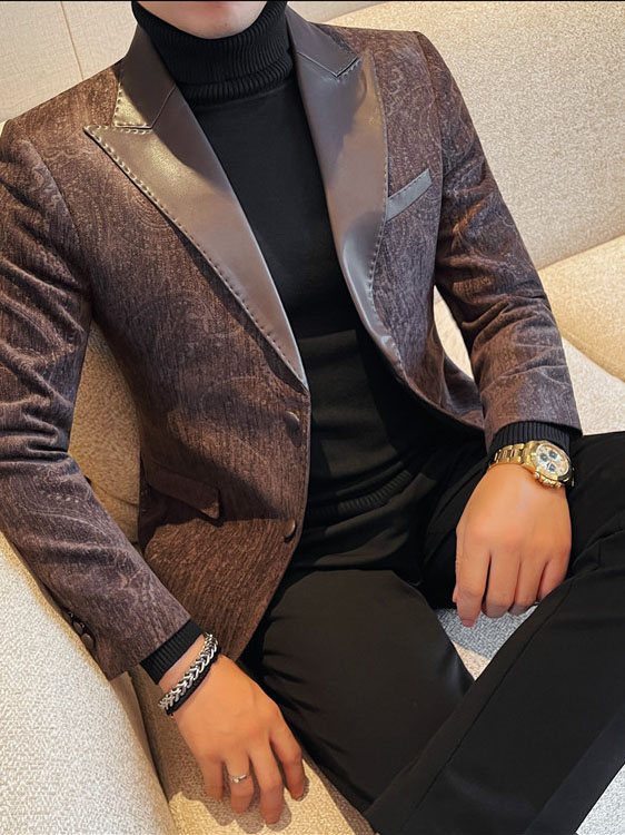 Jacquard Velvet Leather Lapel Men's Blazer