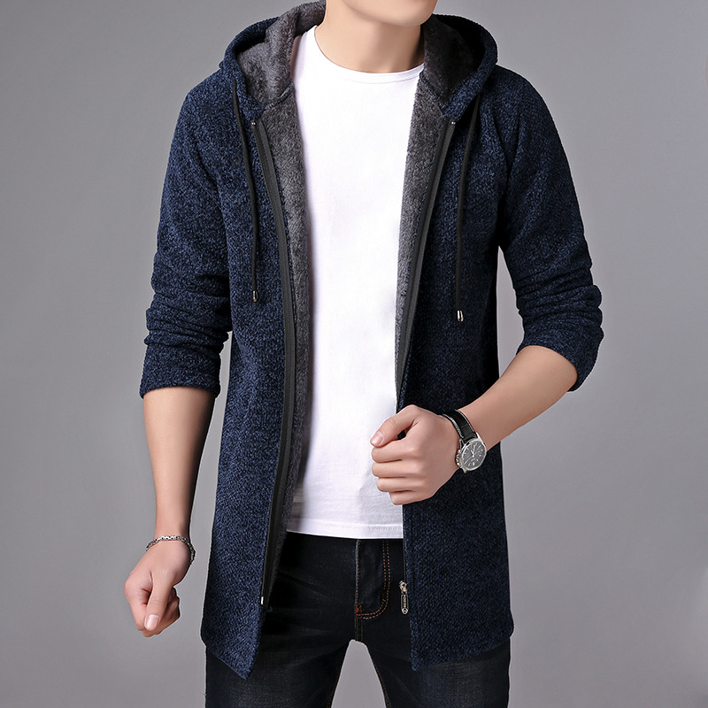 Plush Thick Men's Jacket Knitted Cardigan Windbreaker Zipper Hood