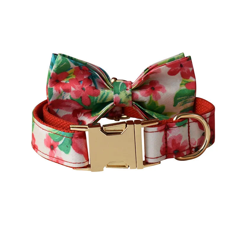 Red Floral Print Dog Leash Collar - Bow And Collar