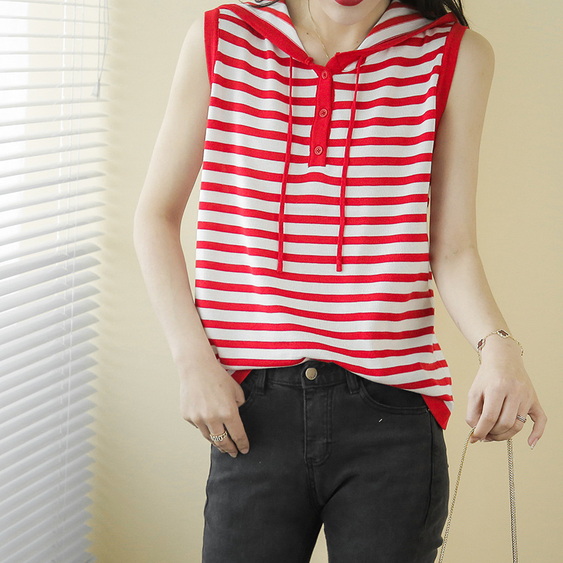 Title 2, Striped Sleeveless Hooded Vest Women