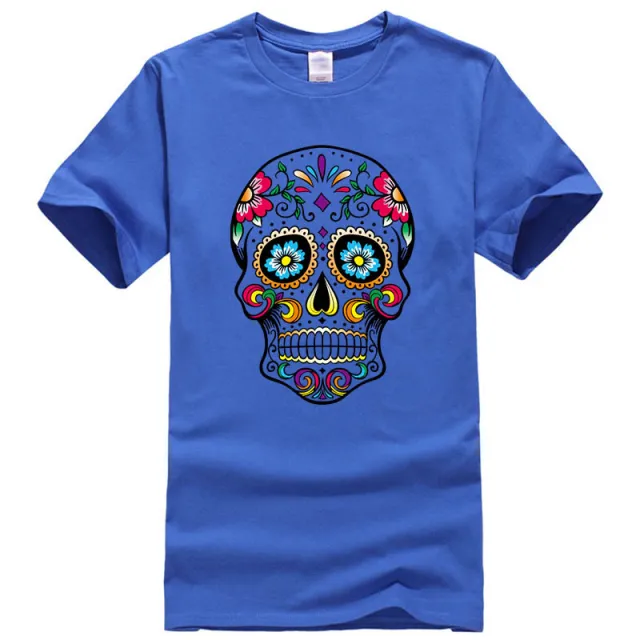 Short Sleeve Skull Print Cartoon Casual T shirt S Blue - Shop at LoveMi