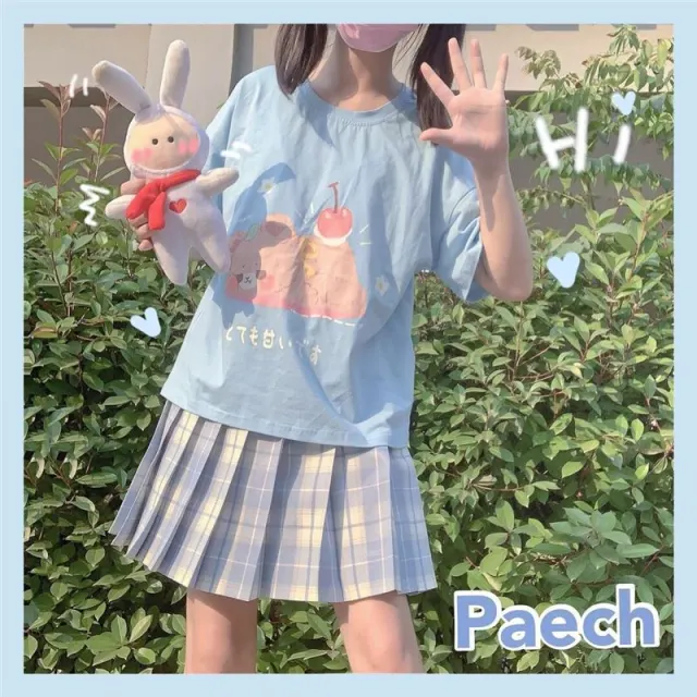 Japanese Soft Girl Style Cute Apple Bear College Student Short sleeved T shirt Set Suit - Shop at LoveMi