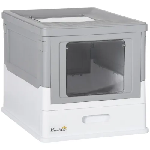 PawHut Hooded Cat Litter Box, Portable Pet Toilet, With Scoop, Front Entry Grey Grey - Shop at LoveMi