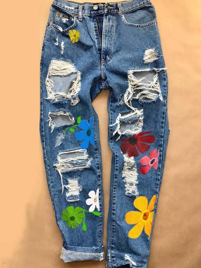 Ladies Print Ripped Fashion High Waist Jeans Dark Blue - Shop at LoveMi