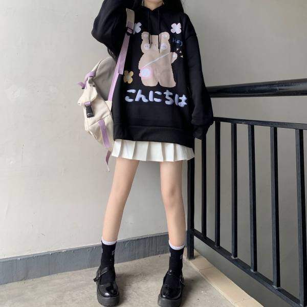 Loose And Versatile Cartoon Bear Print Hooded Fleece Sweater