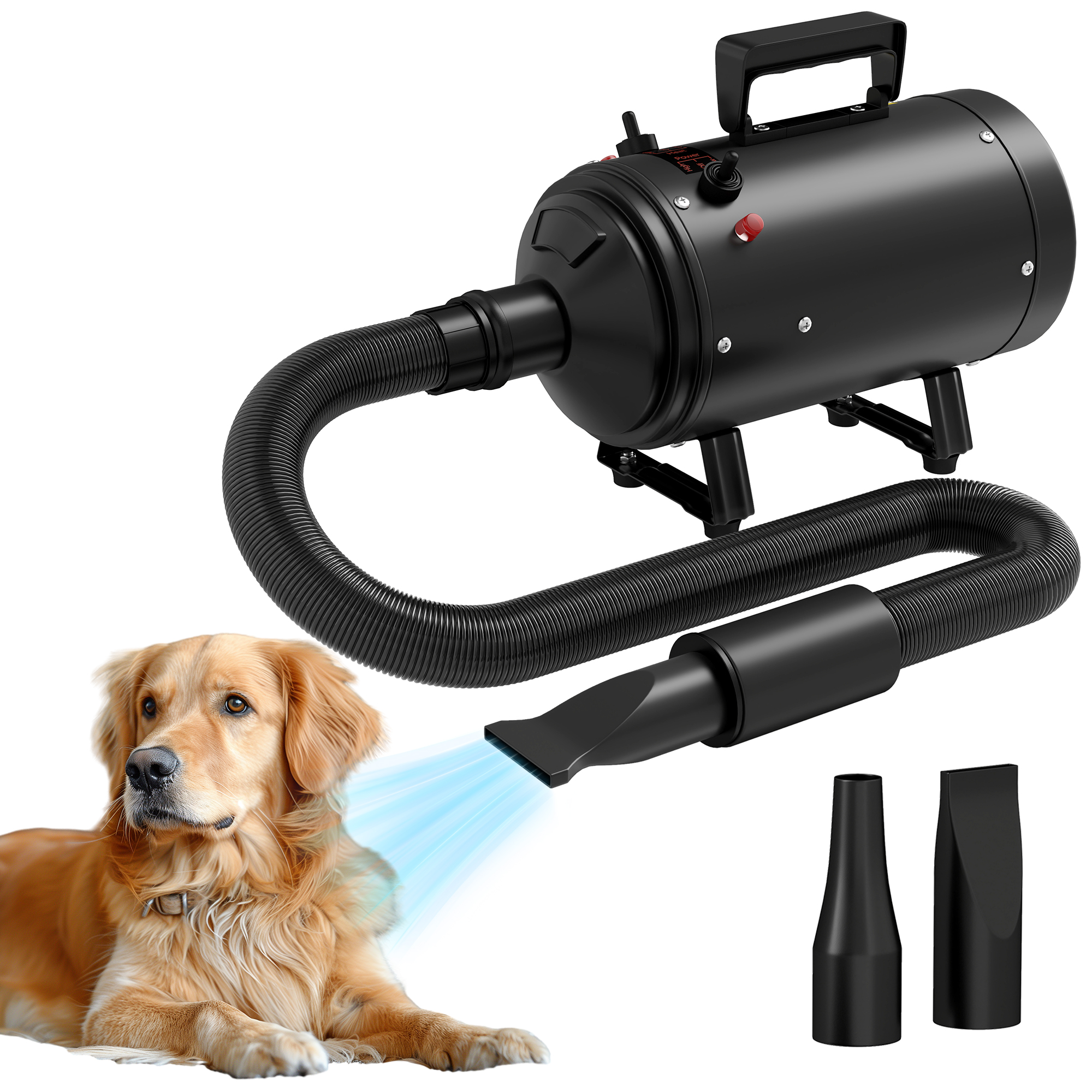 2200W Dog Hair Dryer With Adjustable Temperature & Velocity, 3 Different Nozzles, Black