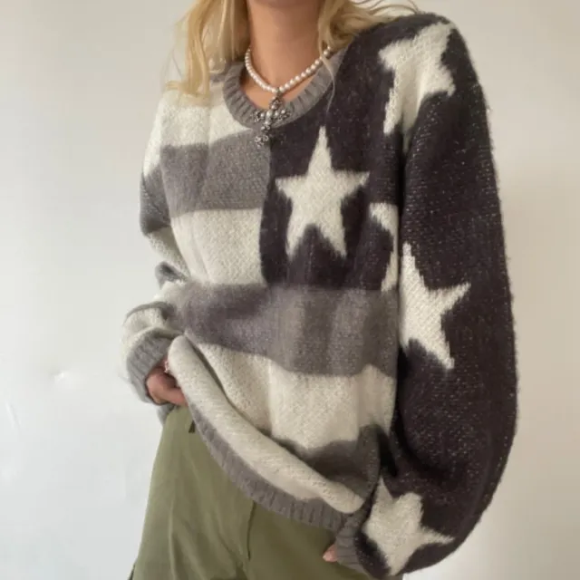 American Vintage Street Fashion Star Stripe Spliced Round Neck Loose Sweater Grey White - Shop at LoveMi