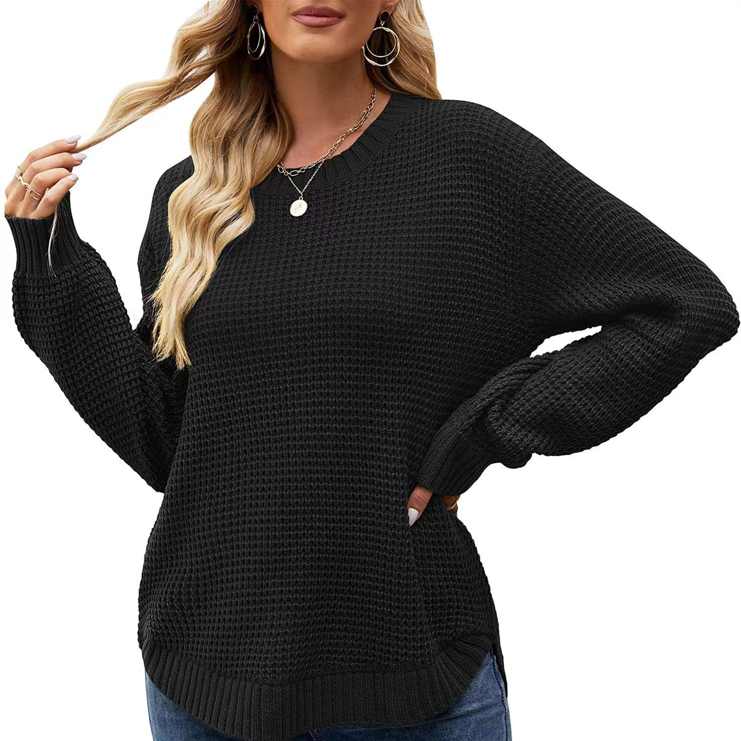 Solid Colour Loose Knitted Women's Long Sleeve Pullover Jumper