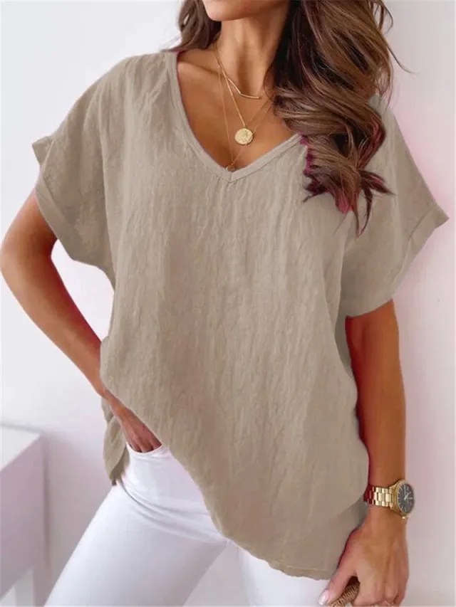 Solid Color Cotton And Linen Short sleeved V neck Shirt T shirt For Women Khaki - Shop at LoveMi