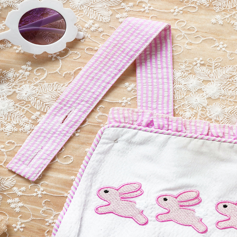 Baby Sweet Bunny Romper, Ruffle Trim Onesie With Adjustable Straps & Snap Closure
