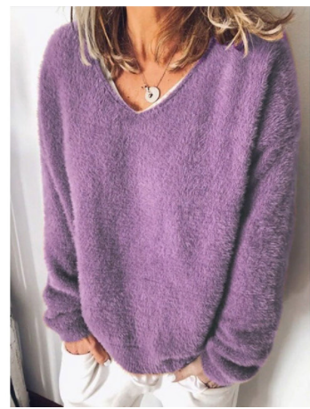 Solid Color Sweater V Neck Long Sleeve Loose T shirt Purple - Shop at LoveMi
