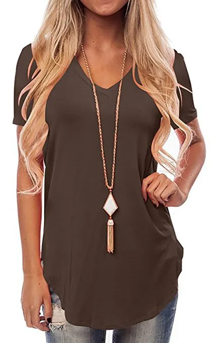 V Neck Short Sleeve Tuxedo Loose T Shirt Coffee - Shop at LoveMi
