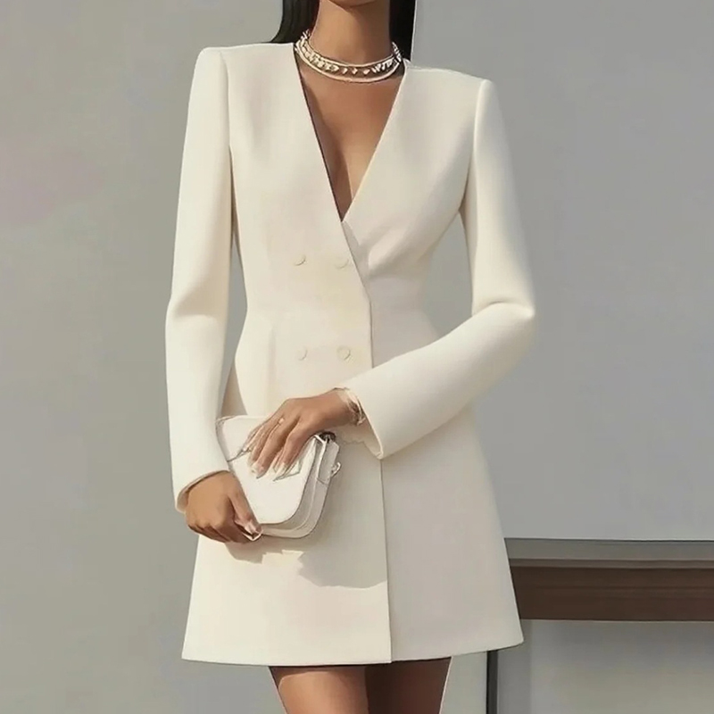 Women's Solid Color Deep V Neck Dress Button Front A Line Midi Dress For Formal Occasions Apricot - Shop at LoveMi