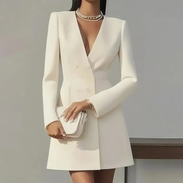 Women's Solid Color Deep V Neck Dress Button Front A Line Midi Dress For Formal Occasions Apricot - Shop at LoveMi