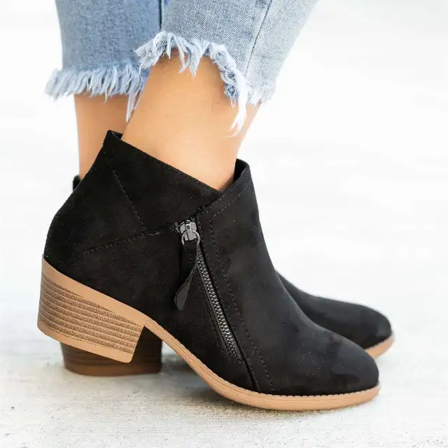 Ankle Boots For Women Low Heels Side Zipper Shoes Black - Shop at LoveMi