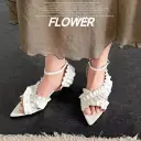 Women's Handmade Full-Grain Leather Ruffled Pointed-Toe Block Heel Sandals, 5cm Heel Ankle Strap Shoes With Pigskin Lining view 2