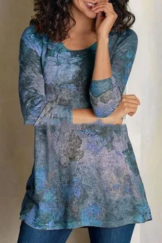 Vintage Art Print Loose Round Neck Long Sleeve Blue - Shop at LoveMi
