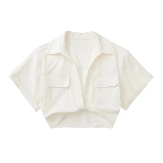 Solid Color Versatile Knot Embellishment Double Pocket Short Sleeved Shirt White - Shop at LoveMi