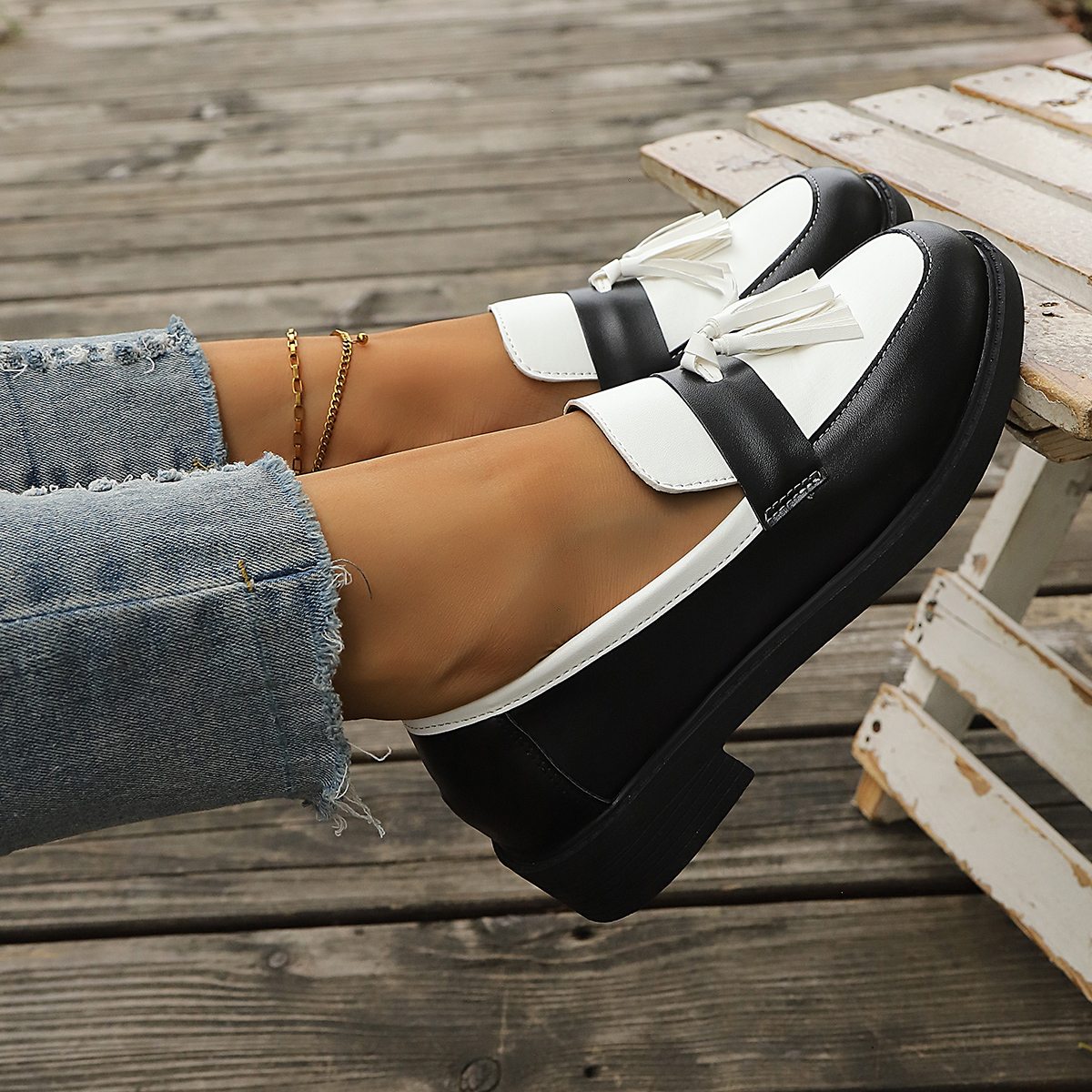 Women's Loafers 2026 Fall New Arrival, Chunky Thick Sole British Style Tassel Color Blocked Versatile Fashion Slip On Oxford Shoes