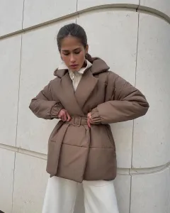 Winter Lapel Waisted Cotton Coat Fashion Solid Colour Slim Overcoat Womens Clothing - Camel - View 1