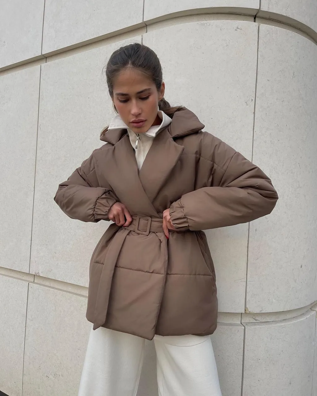 Winter Lapel Waisted Cotton Coat Fashion Solid Color Slim Overcoat Womens Clothing - Camel