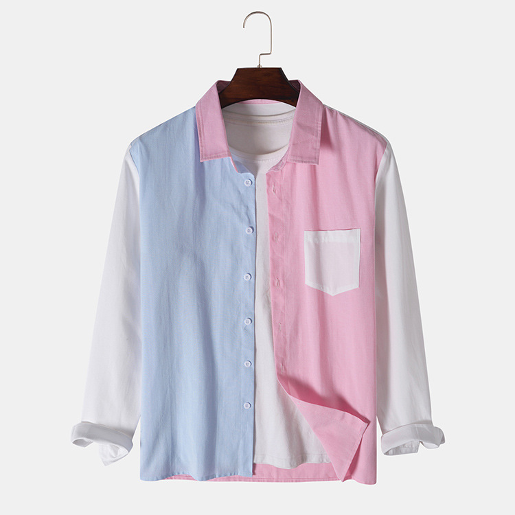 Fashion Lapel Long Sleeve Colorblock Men's Shirt