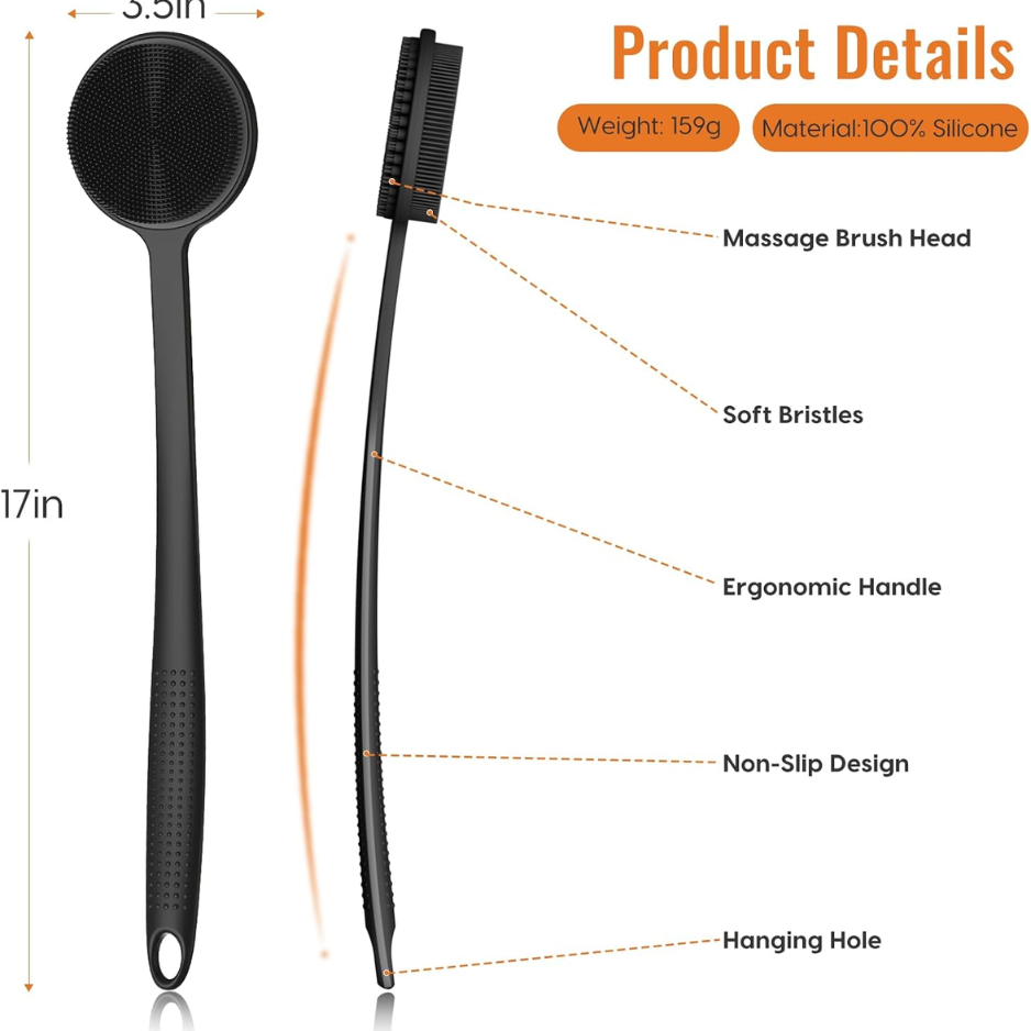 Silicone Back Scrubber With Long Handle, Double-Sided Shower Body Brush 3
