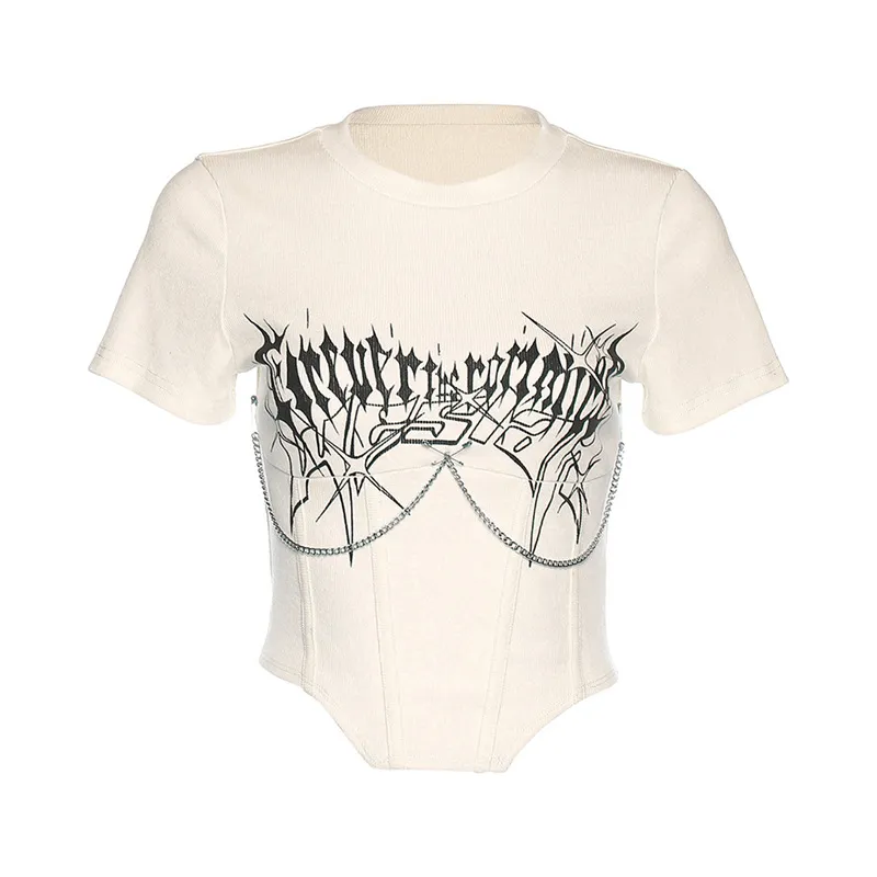 Metal Chain Print Belted Crop T-Shirt - Apricot