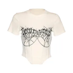 Metal Chain Print Belted Crop T-Shirt - Apricot - View 1