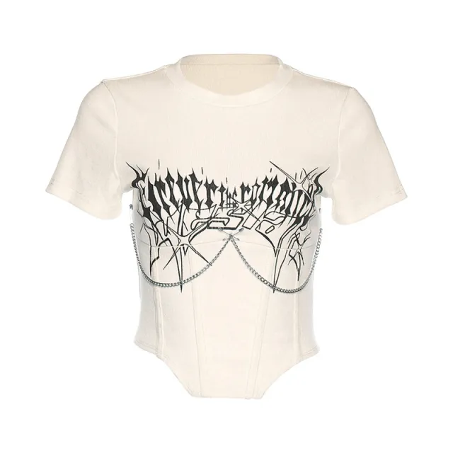 Metal Chain Print Belted Crop T Shirt Apricot - Shop at LoveMi