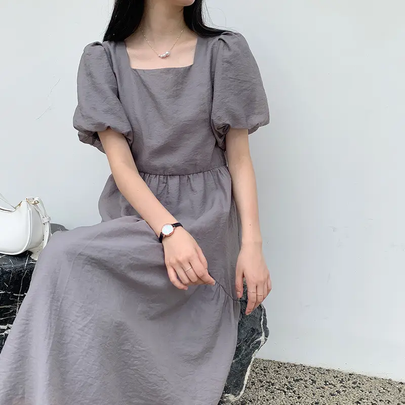 French Elegant Square Collar Puff Sleeve Dress